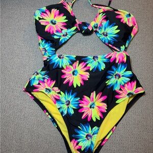 California Waves Neon Floral Black One-Piece
